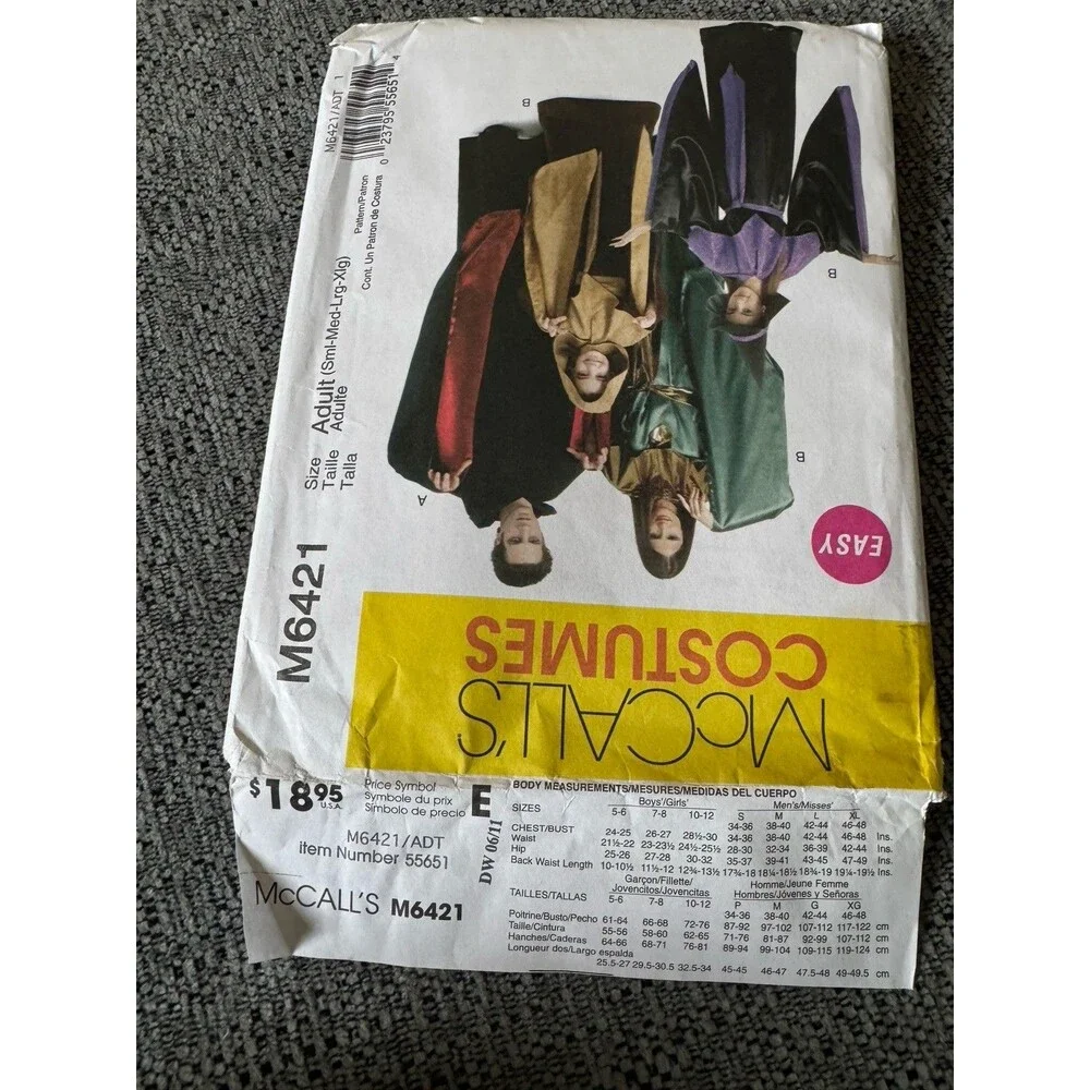 McCalls Costume Sewing Pattern M6421 Robe Cloak Hood Adult Sm Med L